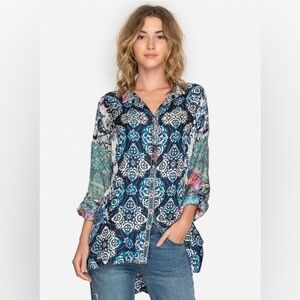 Johnny Was Royal Blue and Cream Silk Blouse